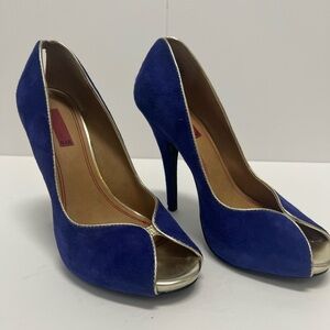 5/48 Saks Fifth Avenue Royal Blue Gold Suede Open Toe Heels Shoes Size 7